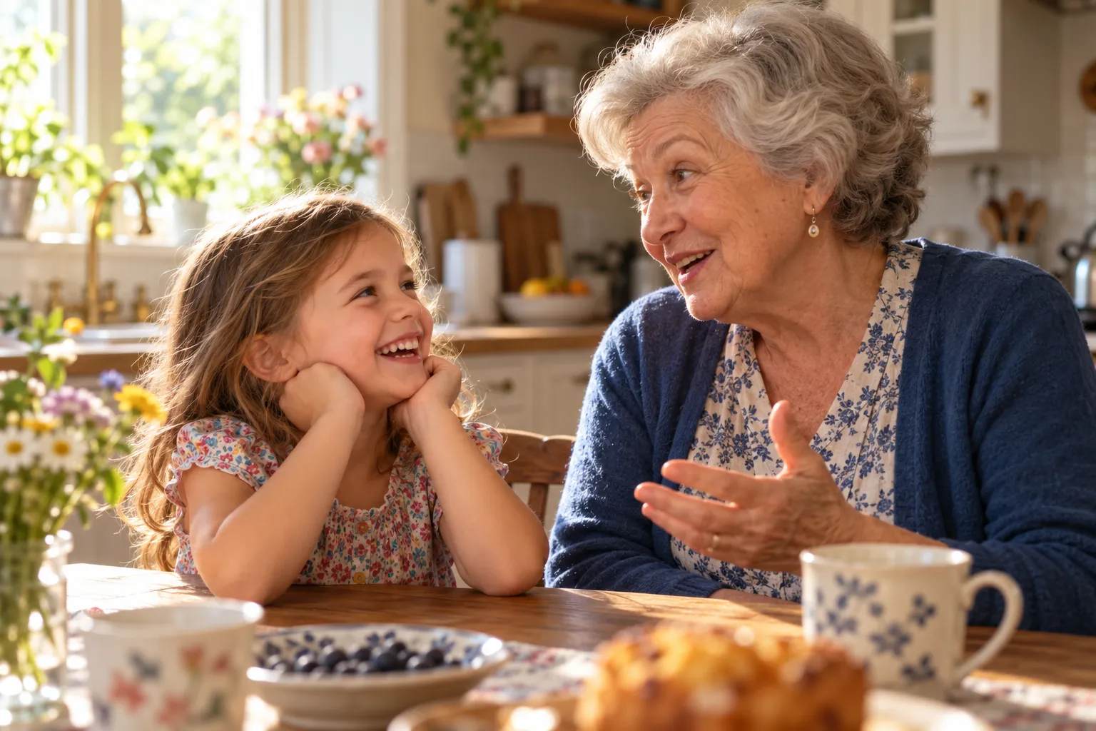 A grandmother and grandchild laughing at a kitchen table