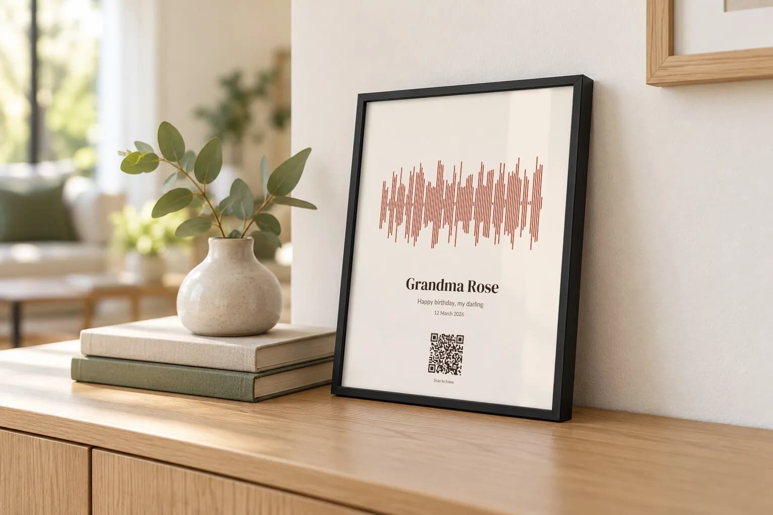 A framed voice print for Grandma Rose standing on a sideboard